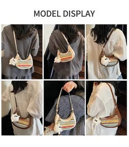 Collage of multi-colored striped straw shoulder bag worn by model in various angles