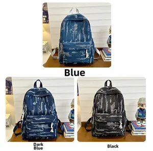 Detailed comparison of denim backpack available in blue, dark blue, and black color options