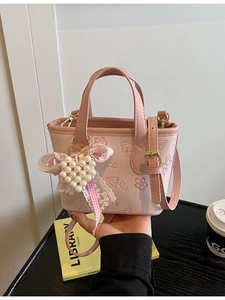 Women Korean Butterfly Embossed PU Leather Bucket Bag Sweet Handbag With Heart Artificial Pearl Lace Charm Crossbody Shoulder Bag