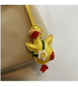 Detail of yellow duck leather bag charm with lychee texture and floral decor