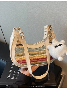 Women Woven Crossbody Bag PU Leather Striped Half Moon Bag Hobo Shoulder Bag Vacation Beach Straw Bag With Furry Charm