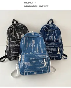 Close-up of distressed denim backpack textures with frayed details and woven rope zippers
