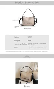 Detailed size chart and dimensions table for the beige canvas handbag with shoulder strap
