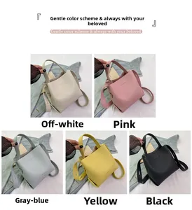 Litchi pattern bucket bags displayed in beige pink blue yellow and black colors