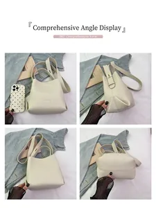 Four-angle view of beige lychee leather bucket bag with handle and crossbody strap