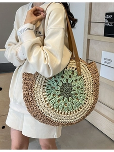 Bohemian paper rope woven round bag with colorful crochet pattern and leather strap