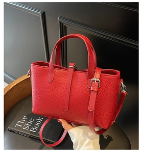 Close-up of red crocodile pattern leather handbag with silver buckle and adjustable strap