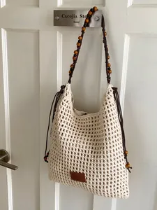 Bohemian Hand-Woven Straw Tote Bag For Women Hollow Out Beach Shoulder Bag With Wood Beads Decoration Casual Travel Handbag