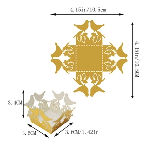 Laser cut bird design wedding favor boxes showing flat dimensions and assembled shape