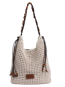 Off-white hollow crochet tote bag with wooden bead straps and leather label detail