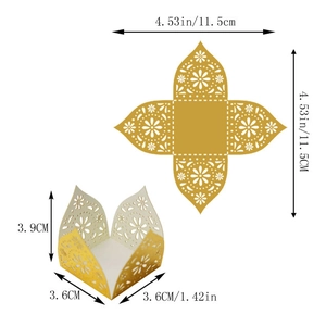 Detailed laser cut gold favor box showing flat layout and folded dimensional measurements