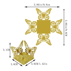 Detail showing dimensions of laser cut hollow gold butterfly candy box in flat and folded views