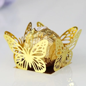 Laser-cut hollow butterfly chocolate box in gold mirror cardstock for weddings