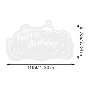 Detail showing 11x6.7cm Happy Birthday acrylic cake topper dimensions and festive patterns