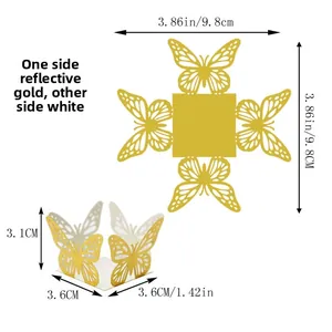 Laser-cut hollow butterfly paper favor box with detailed dimensions and folding view