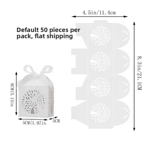 Laser-cut Tree of Life wedding favor box detail with dimensions and ribbon