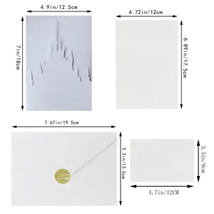 Size chart showing laser-cut castle invitation with envelope and measurements