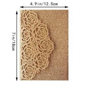 Detail of laser-cut rose hollow pattern on champagne gold glitter invitation card cover