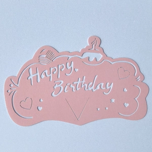Detailed laser-cut pink Happy Birthday card with cake and heart-shaped hollow patterns