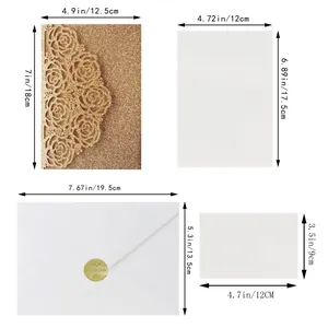 Detailed size specifications for laser cut glitter rose wedding invitation suite set