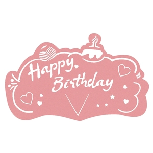 Pink Happy Birthday card with hand-drawn cake and heart patterns for party decoration