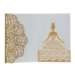 Golden glitter laser cut invitation featuring a hollow rose pattern and princess silhouette