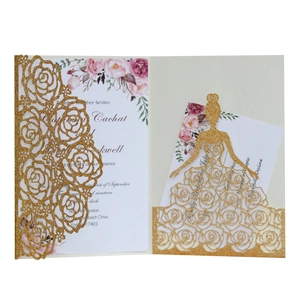 Golden glitter rose laser cut wedding invitation set with elegant floral inner page