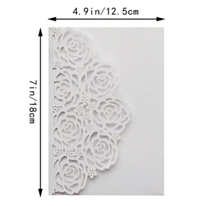 Detailed dimensions of laser-cut rose hollow invitation card showing height and width