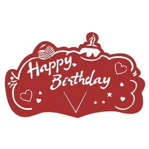Close-up of red cloud-shaped Happy Birthday card with white cake and candle details