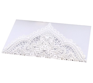 Elegant white laser-cut lace wedding invitation envelope with intricate vine pattern