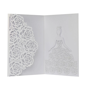 Macro detail of laser-cut rose patterns and elegant girl silhouette on white card