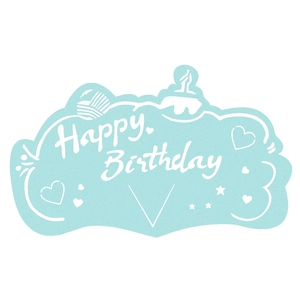 Close-up of light blue cloud-shaped Happy Birthday card with hand-drawn cake and stars