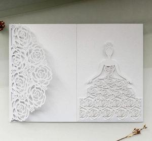 Macro detail of laser-cut rose patterns and elegant silhouette on white wedding invitation