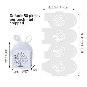 Detail view of white laser-cut tree gift box with dimensions and flat packing layout