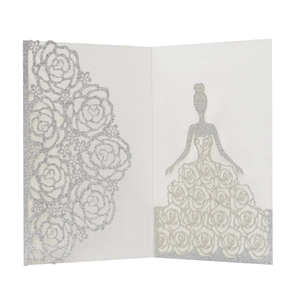 Detail of laser-cut glitter rose design with elegant female silhouette on wedding card