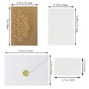 Detailed size chart for glitter rose wedding invitation cards, envelopes, and inserts