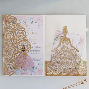 Detail of laser-cut glitter gold pocket with elegant floral Quinceañera invitation