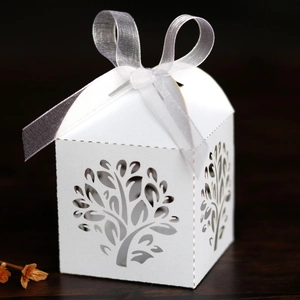 Laser cut Tree of Life white paper candy box with ribbon for wedding and parties