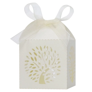 Detailed laser-cut tree design on white pearlescent wedding favor box with ribbon