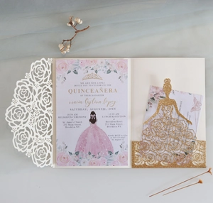 Detailed laser-cut floral invitation with pink dress girl design and glitter cardstock