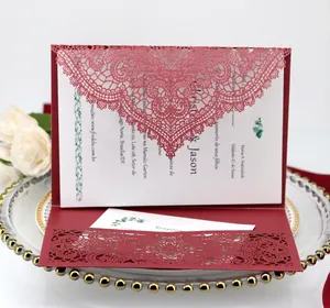 Elegant burgundy laser-cut lace wedding invitation with insert card and response card