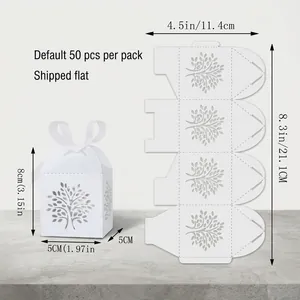 Detailed dimensions of white laser-cut Tree of Life favor box with flat and assembled views