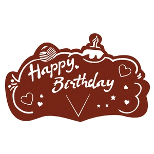Close-up of brown cloud-shaped Happy Birthday card with cake and star illustrations