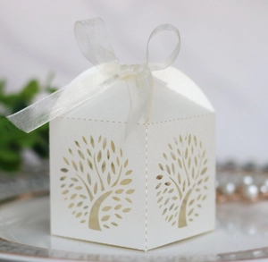 Close-up of white laser-cut tree gift box with elegant ribbon on a ceramic plate