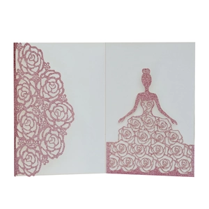 Pink glitter laser-cut invitation with rose floral hollow pattern and elegant girl silhouette