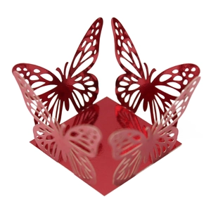 Hollow laser-cut butterfly wedding candy box in mirrored gold finish with lace edge