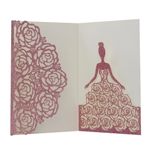 Detailed laser-cut rose floral invitation sleeve with pink glitter girl silhouette