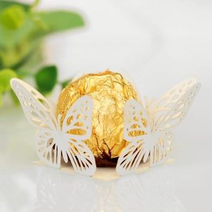 Detail of laser-cut butterfly hollow paper favor box for chocolates and party candies