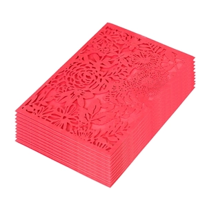 Red laser-cut wedding invitation cards featuring intricate floral peony patterns