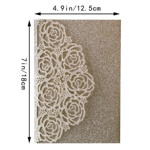 Detail of glitter laser-cut rose invitation cover showing 4.9x7 inch dimensions